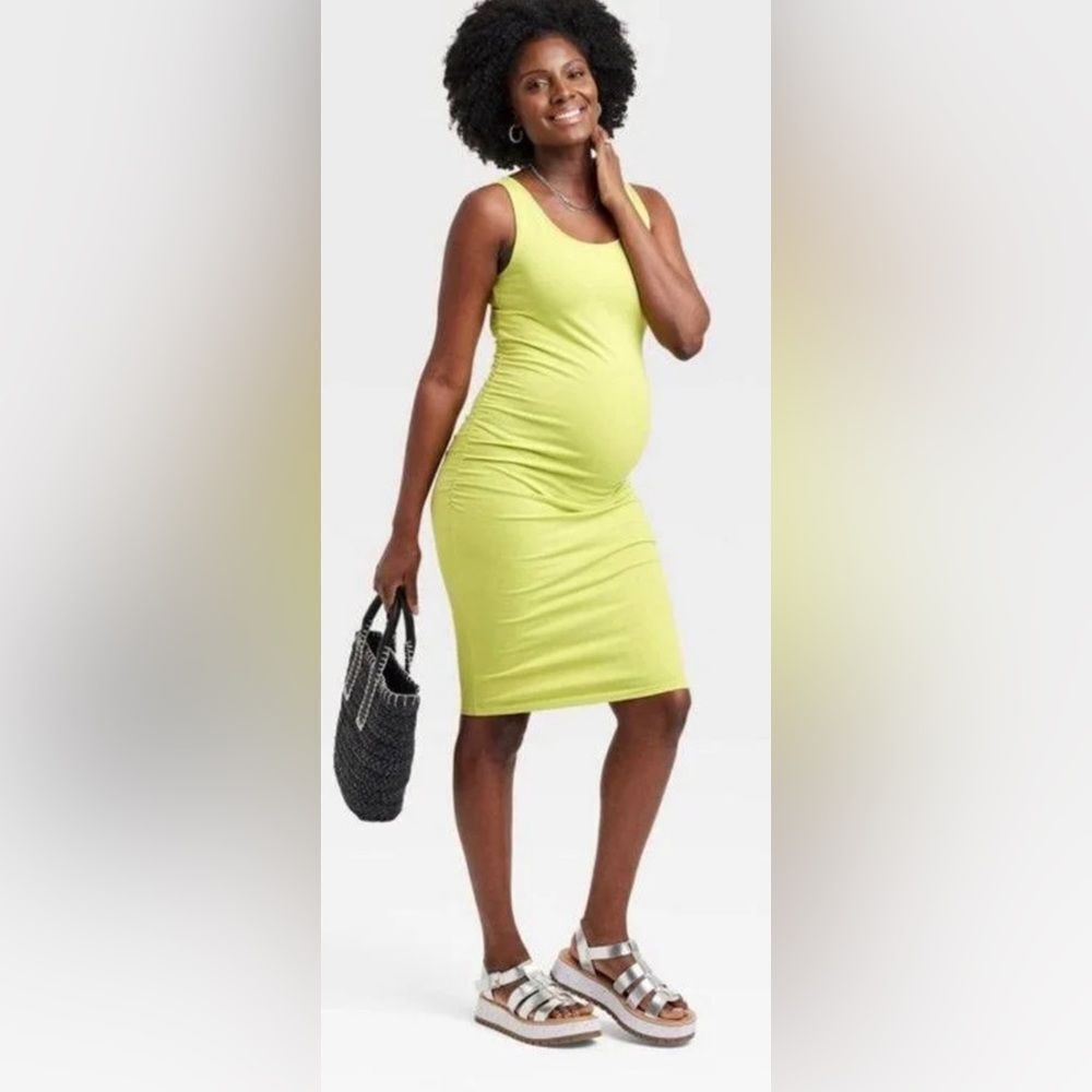 Isabel Maternity Sleeveless Ruched Side Tank Dress Lime Green NWT S